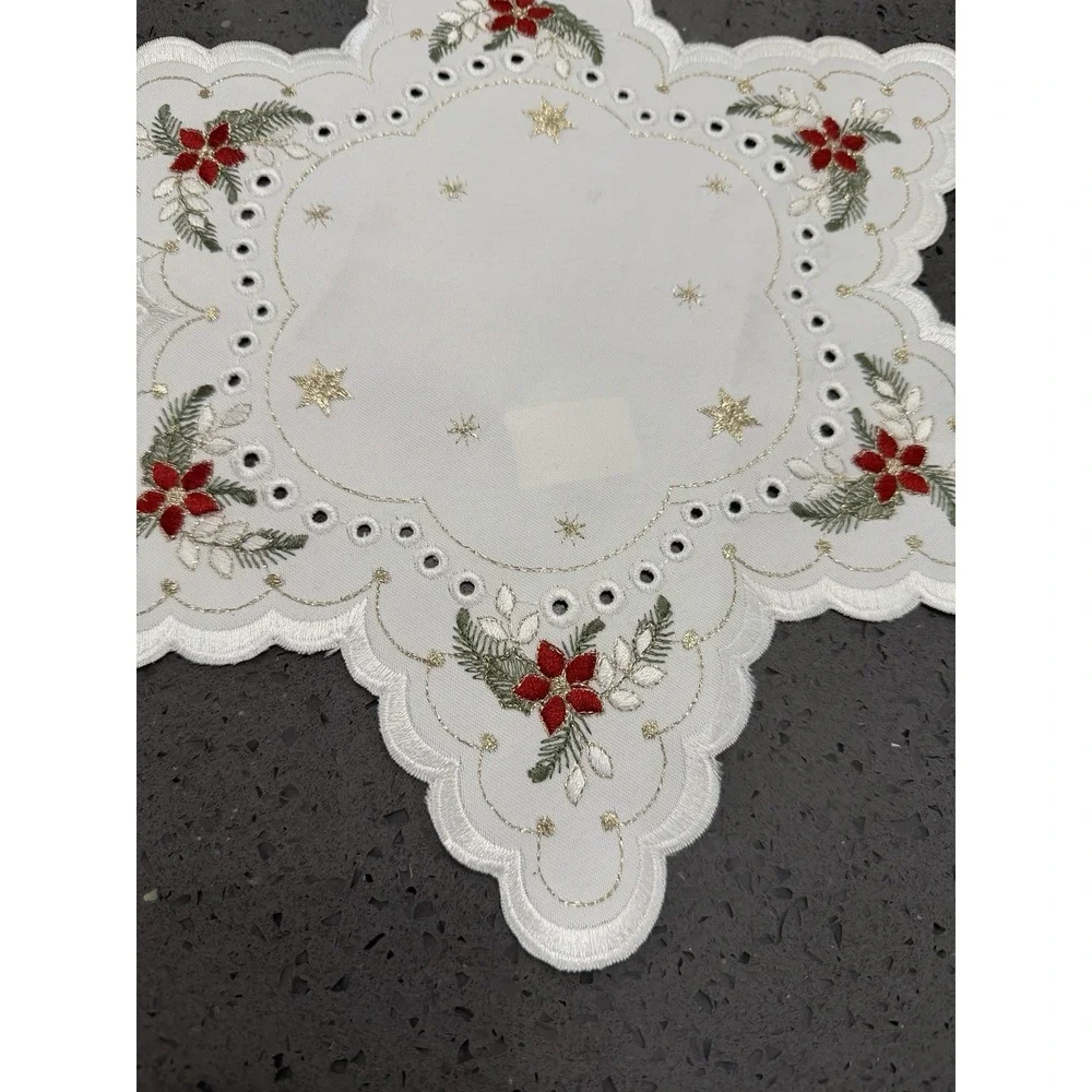 Star Handmade‎ Christmas Linen Red Flowers Tablecloth Doily Made In Germany